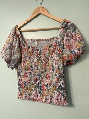 Anthropologie White Multi Floral Smocked Puff Sleeve Top